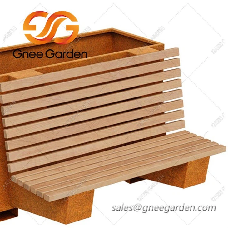 cor-ten garden bench with planters