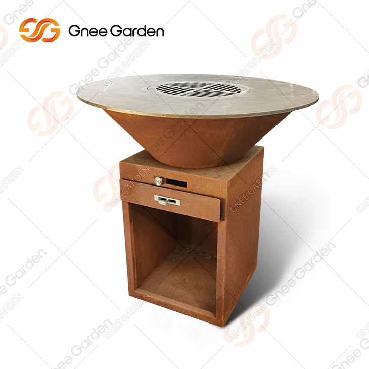 Deyò Fanmi kwit manje bwa chabon Corten metal dife twou BBQ gri
