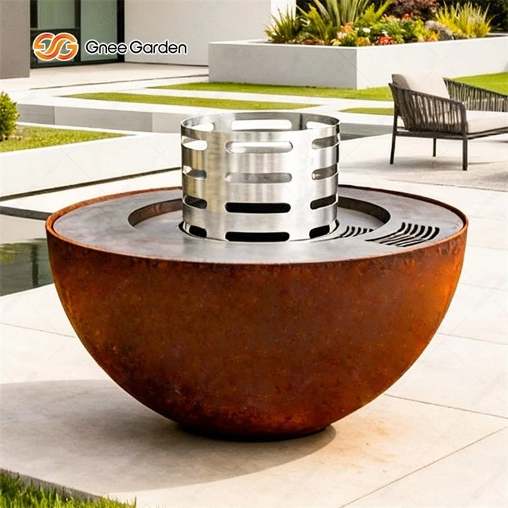 Round Rustic Corten Fire Pit Barbecue
